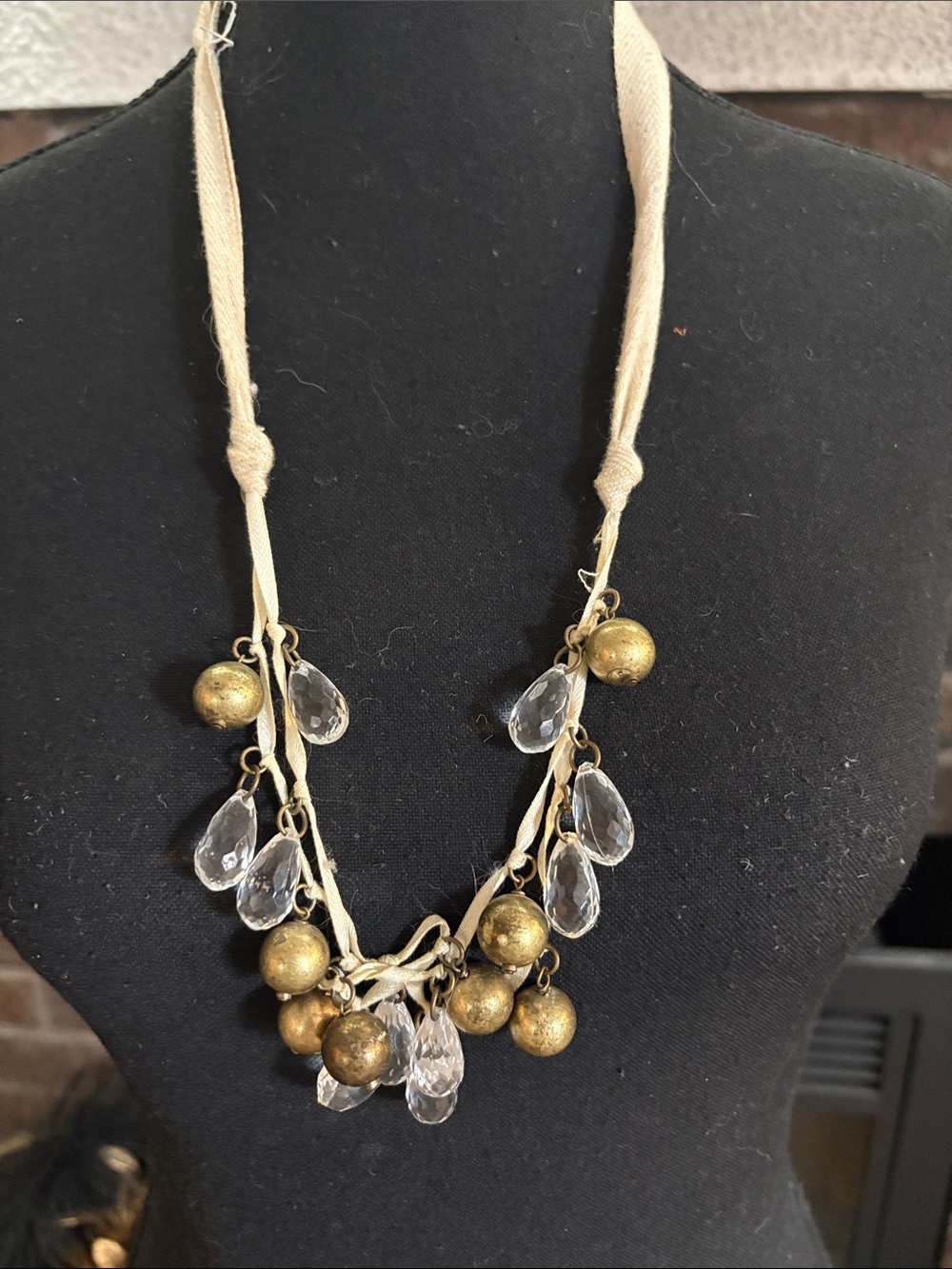 Vintage Beige Ribbon Necklace with Gold Beads and Clear Teardrop Crystals